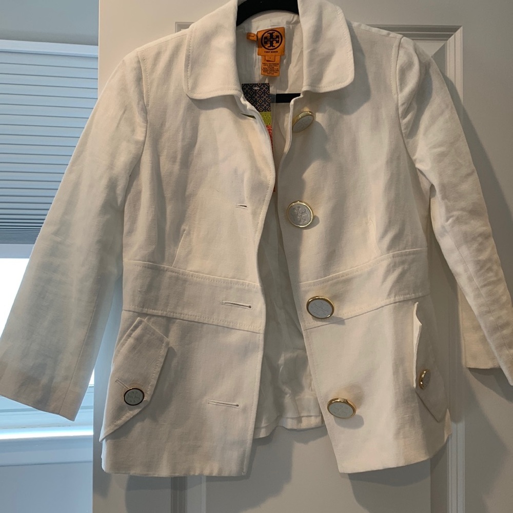 Tory Burch while linen blazer with gold buttons size 4